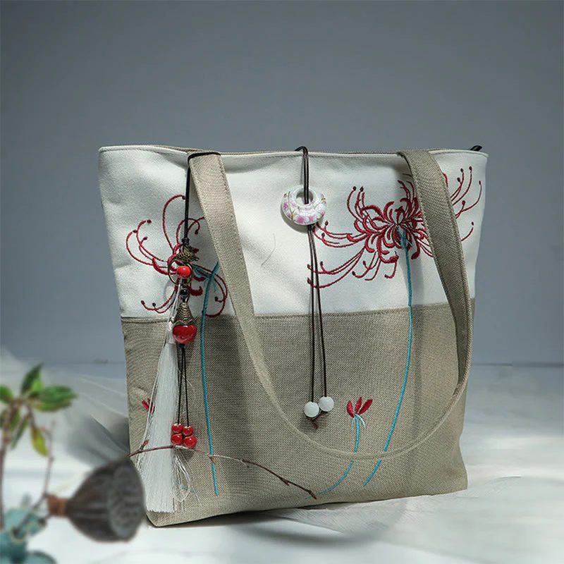 Borsa a tracolla grande capacità in tela con ricamo in bambù, prugna, fiore di pera, pesco - Image 42