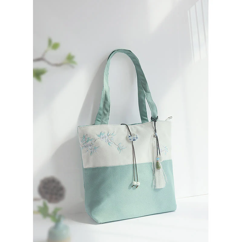 Borsa a tracolla grande capacità in tela con ricamo in bambù, prugna, fiore di pera, pesco - Image 5