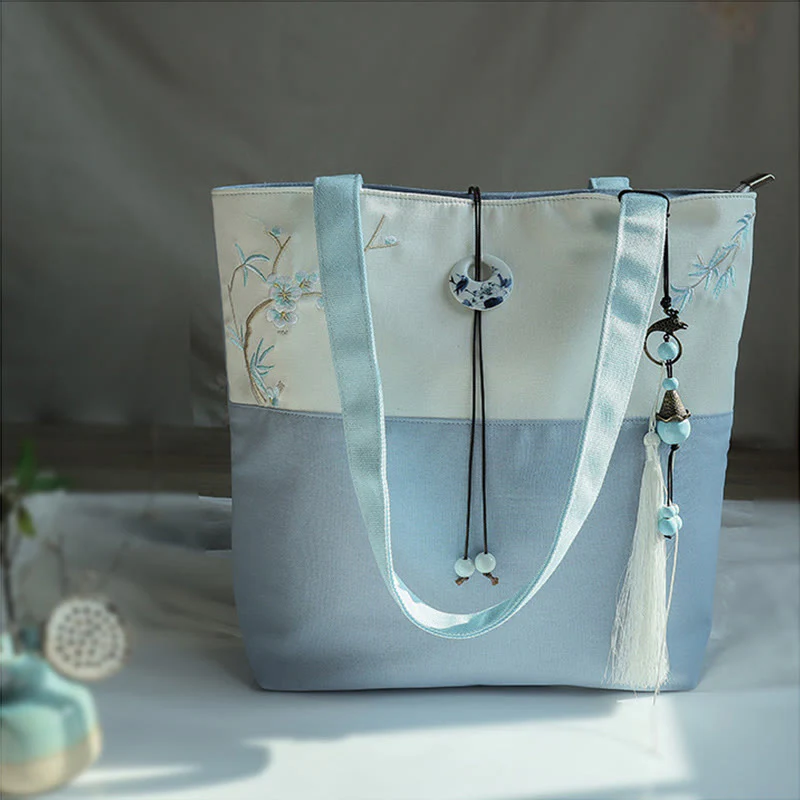 Borsa a tracolla grande capacità in tela con ricamo in bambù, prugna, fiore di pera, pesco - Image 8