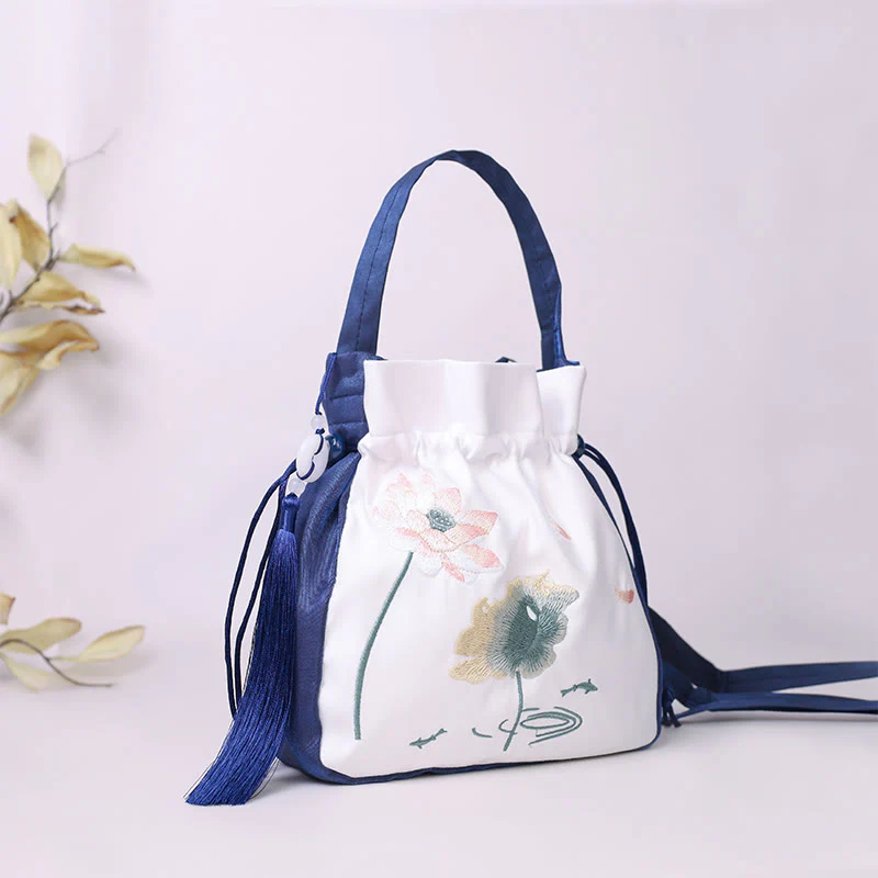Borsa a tracolla in cotone e lino con Buddha Stones ricamate, motivo: loto, pesce Koi, gru, camelia, borsa a tracolla - Image 2