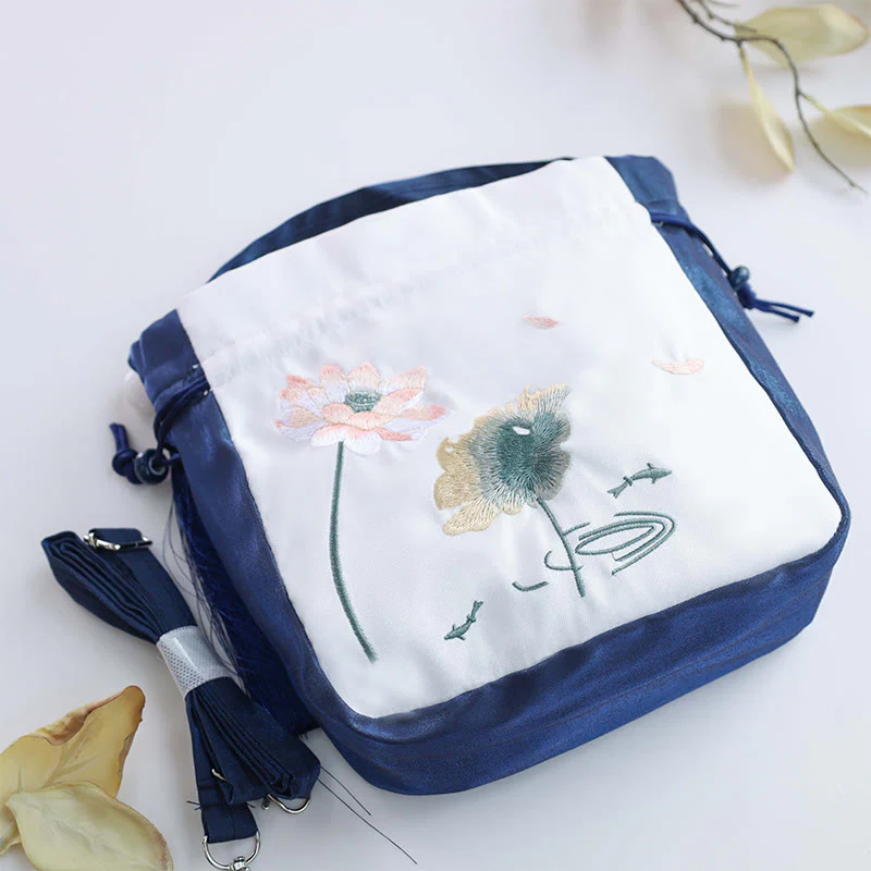 Borsa a tracolla in cotone e lino con Buddha Stones ricamate, motivo: loto, pesce Koi, gru, camelia, borsa a tracolla - Image 3
