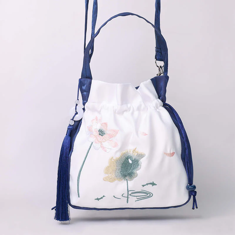 Borsa a tracolla in cotone e lino con Buddha Stones ricamate, motivo: loto, pesce Koi, gru, camelia, borsa a tracolla - Image 7