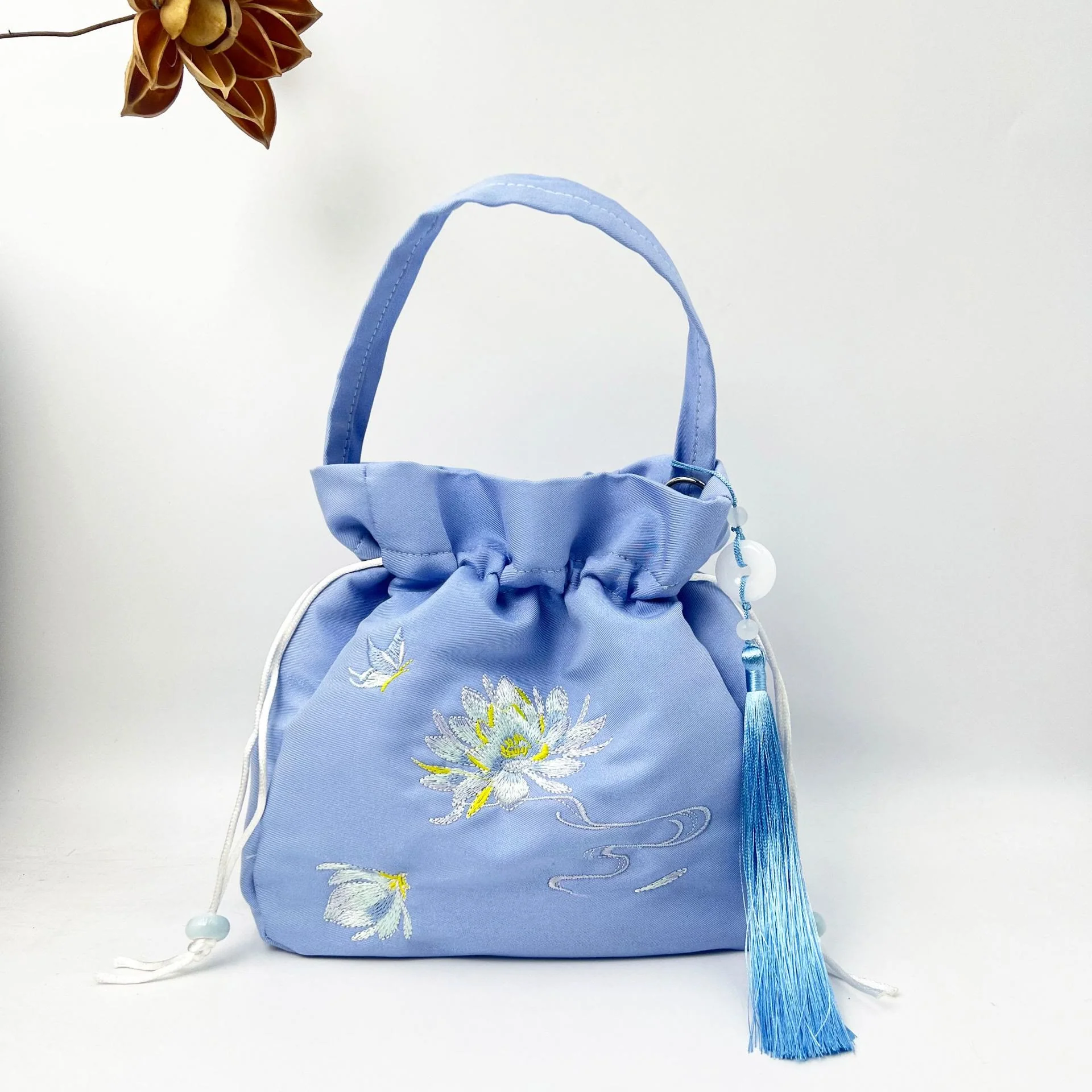 Borsa a tracolla in cotone e lino con Buddha Stones ricamate, motivo: loto, pesce Koi, gru, camelia, borsa a tracolla - Image 9