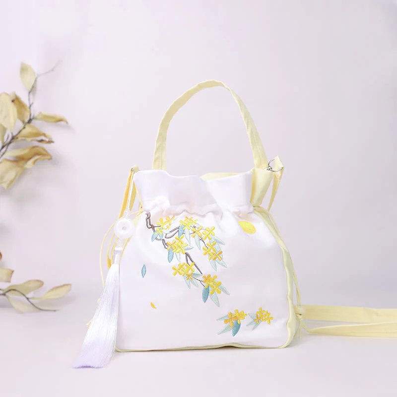 Borsa a tracolla in cotone e lino con ricamo a forma di Buddha Stones, osmanto, peonia, uva, gatto, borsa a tracolla