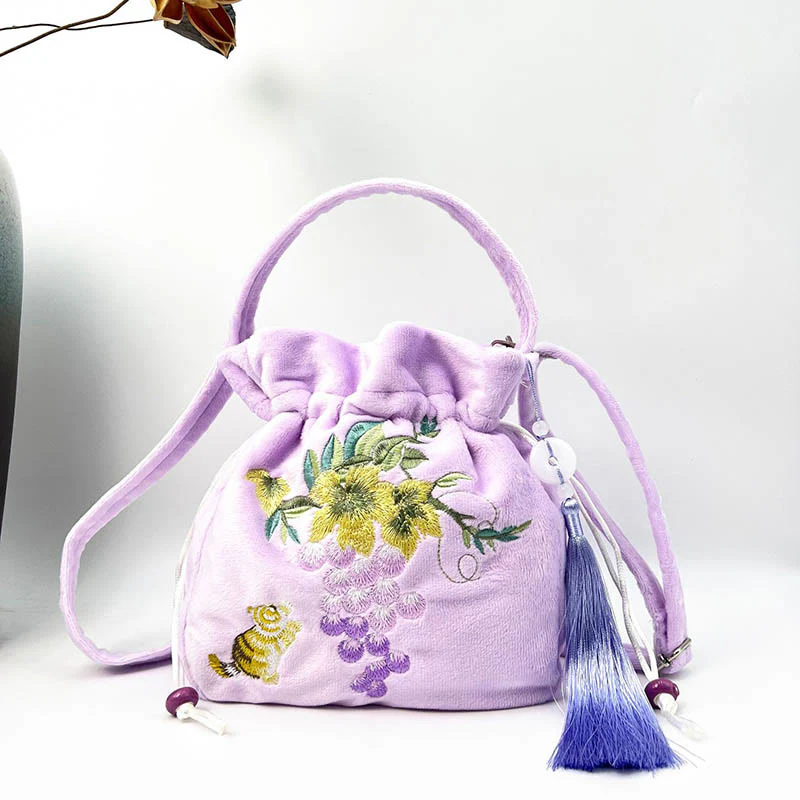 Borsa a tracolla in cotone e lino con ricamo a forma di Buddha Stones, osmanto, peonia, uva, gatto, borsa a tracolla - Image 12