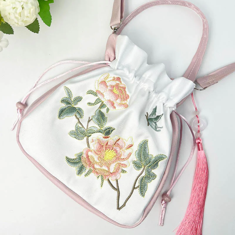 Borsa a tracolla in cotone e lino con ricamo a forma di Buddha Stones, osmanto, peonia, uva, gatto, borsa a tracolla - Image 9