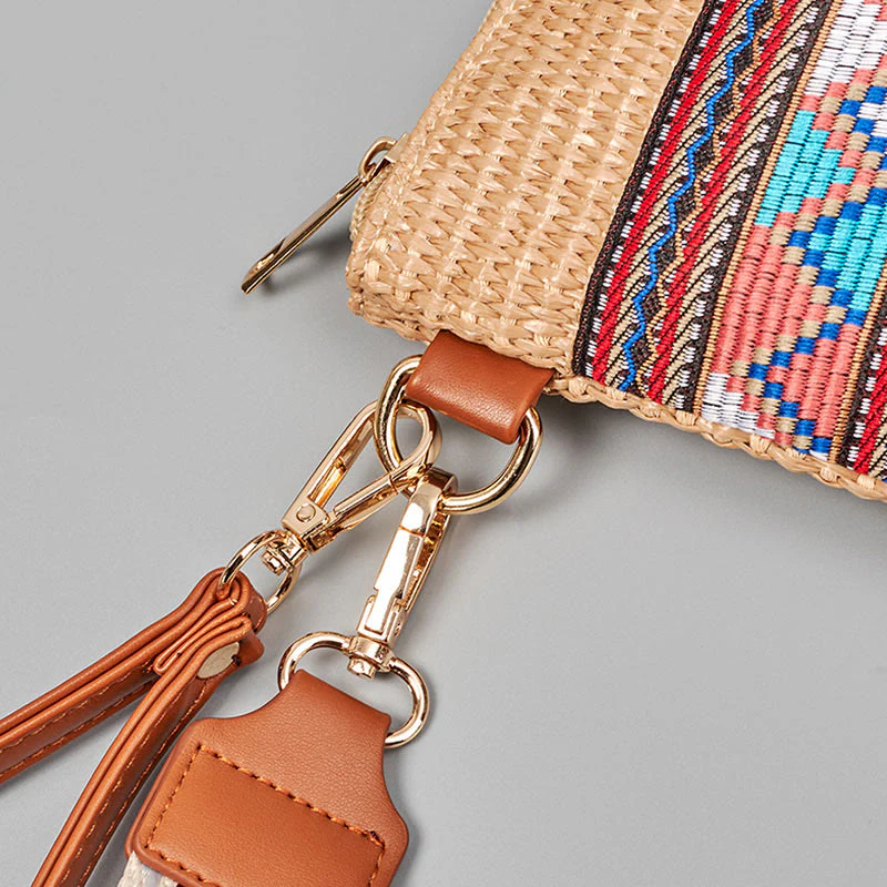 Borsa a tracolla in paglia intrecciata con geometria colorata, motivo Buddha Stones Boho - Image 4