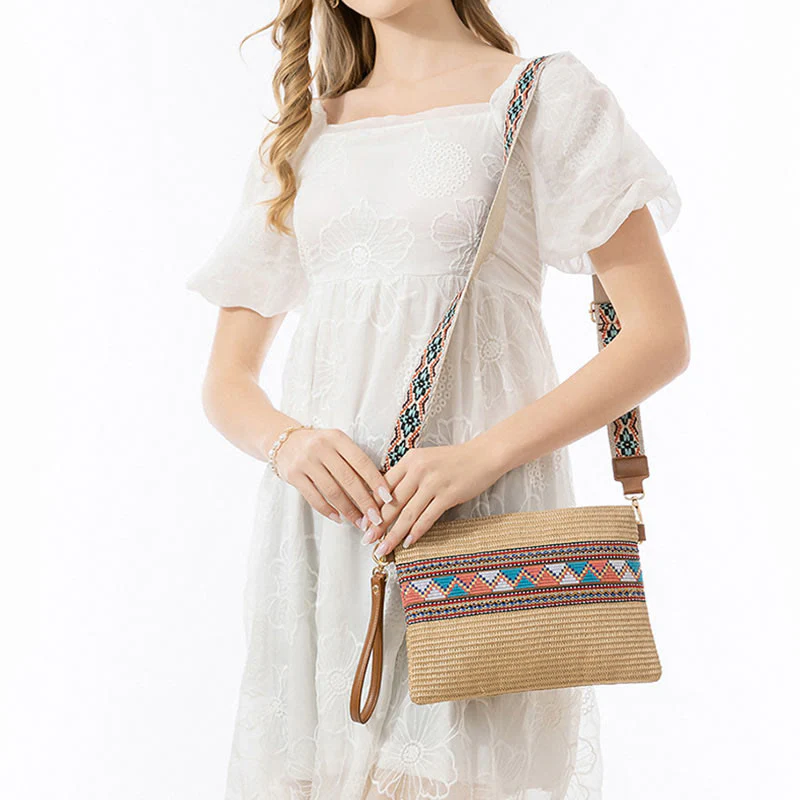 Borsa a tracolla in paglia intrecciata con geometria colorata, motivo Buddha Stones Boho - Image 5