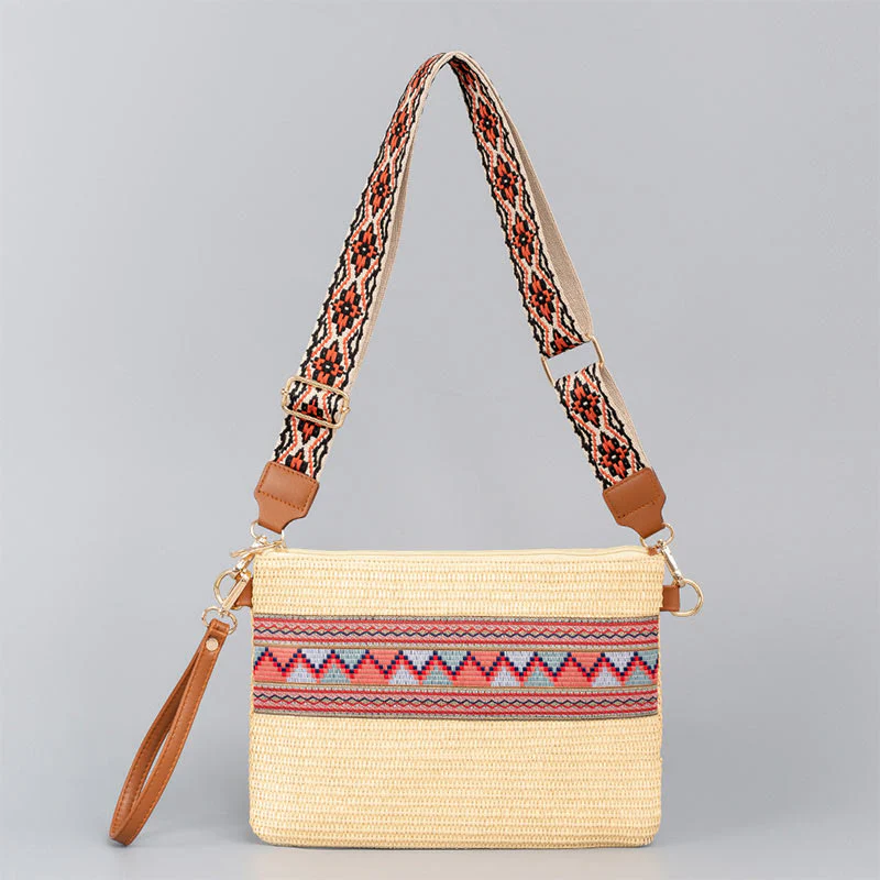 Borsa a tracolla in paglia intrecciata con geometria colorata, motivo Buddha Stones Boho - Image 9