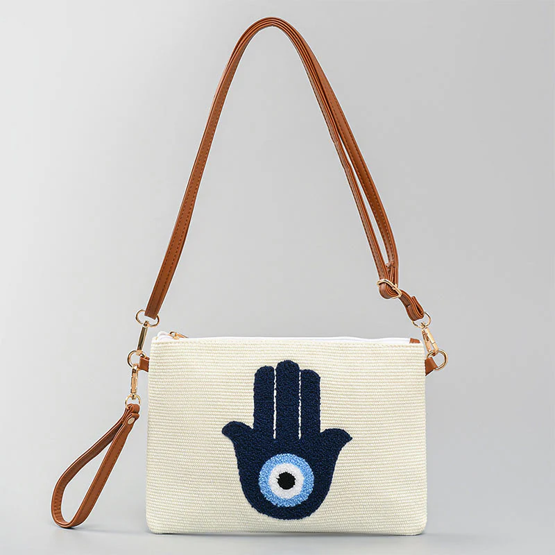 Borsa a tracolla in tela con foglia di Hamsa, con Buddha Stones e occhio maligno - Image 15