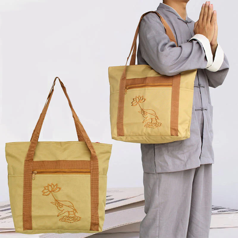 Borsa a tracolla in tela con motivo ricamato di loto per la pratica della mente spirituale - Image 3