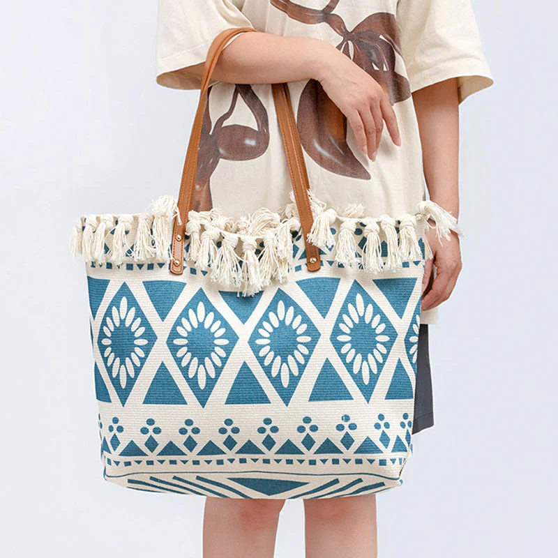 Borsa a tracolla in tela con stampa geometrica Boho di grande capacità e Buddha Stones - Image 4