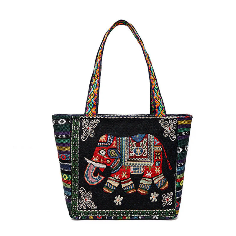 Borsa a tracolla in tela di grande capacità ricamata con elefante e farfalla , Buddha Stones - Image 14