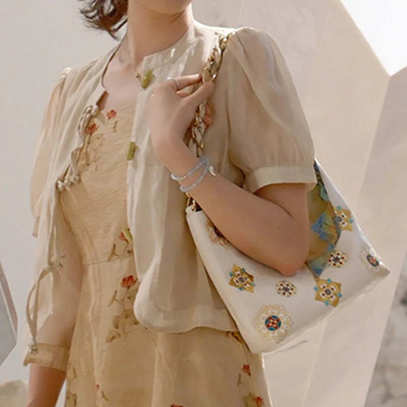 Borsa a tracolla per lo shopping in raso con ricamo Buddha Stones Su Journey - Image 26