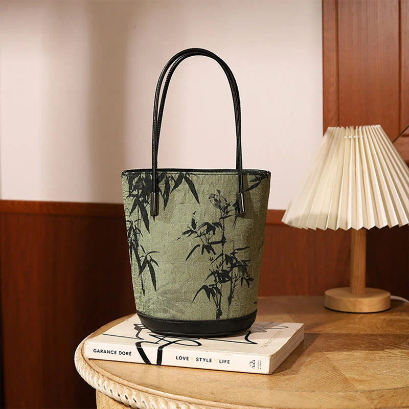 Borsa a tracolla vintage con stampa di bambù verde Buddha Stones