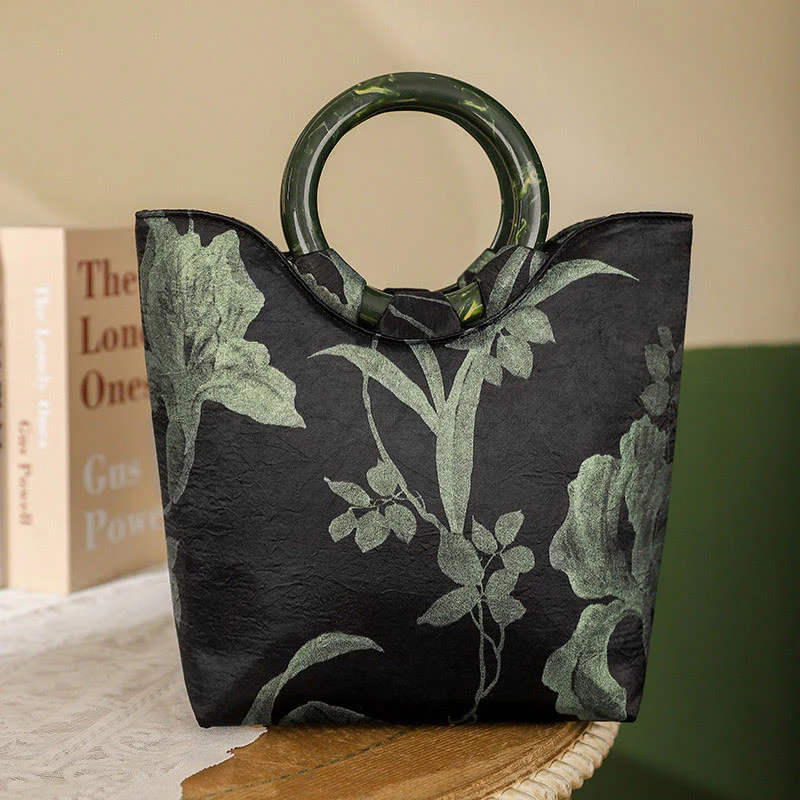 Borsa vintage con stampa Buddha Stones , orchidee nere e verdi