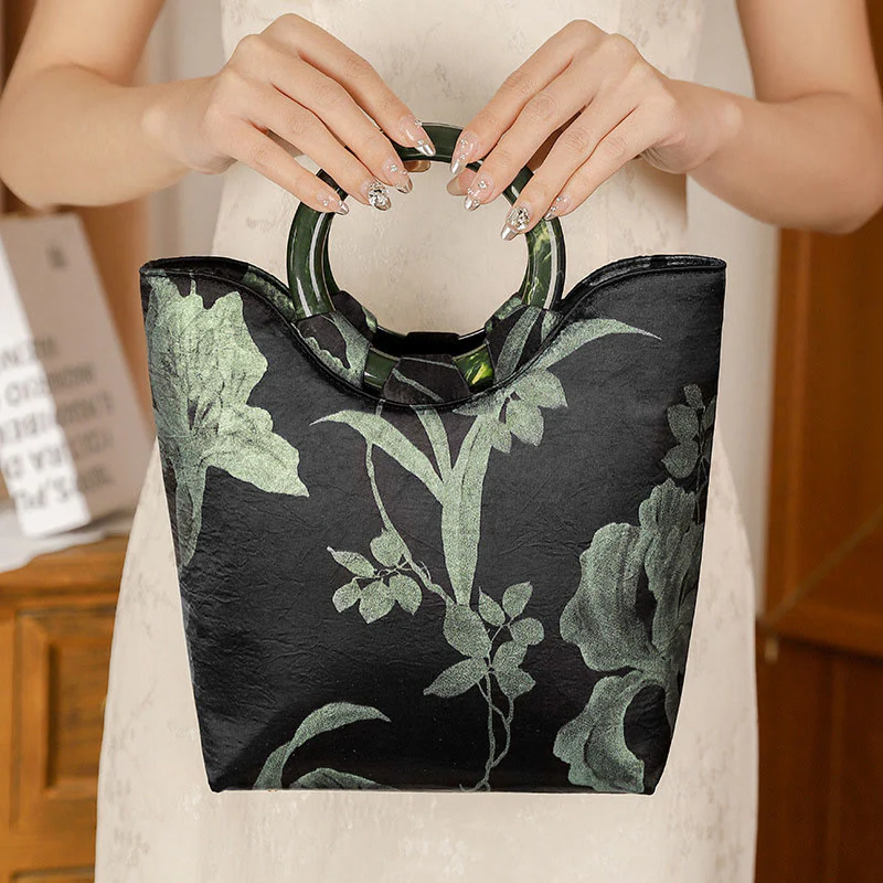 Borsa vintage con stampa Buddha Stones , orchidee nere e verdi - Image 3