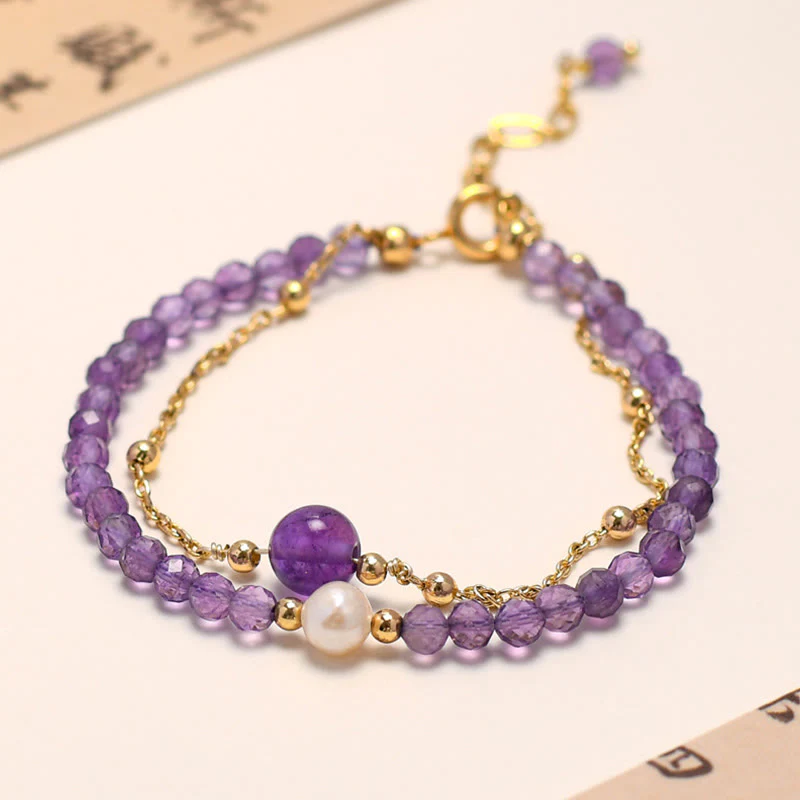 Bracciale a catena a doppio strato con cristalli di ametista placcati in oro 14K Buddha Stones