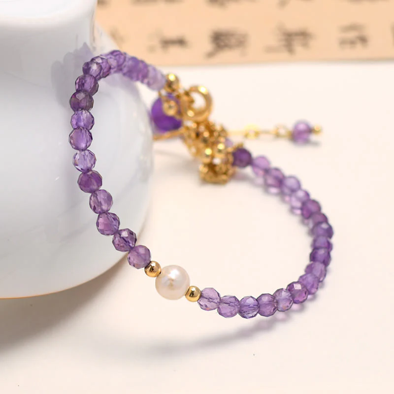 Bracciale a catena a doppio strato con cristalli di ametista placcati in oro 14K Buddha Stones - Image 2