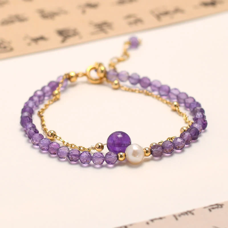 Bracciale a catena a doppio strato con cristalli di ametista placcati in oro 14K Buddha Stones - Image 3