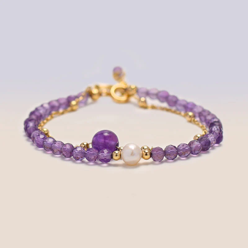 Bracciale a catena a doppio strato con cristalli di ametista placcati in oro 14K Buddha Stones - Image 5