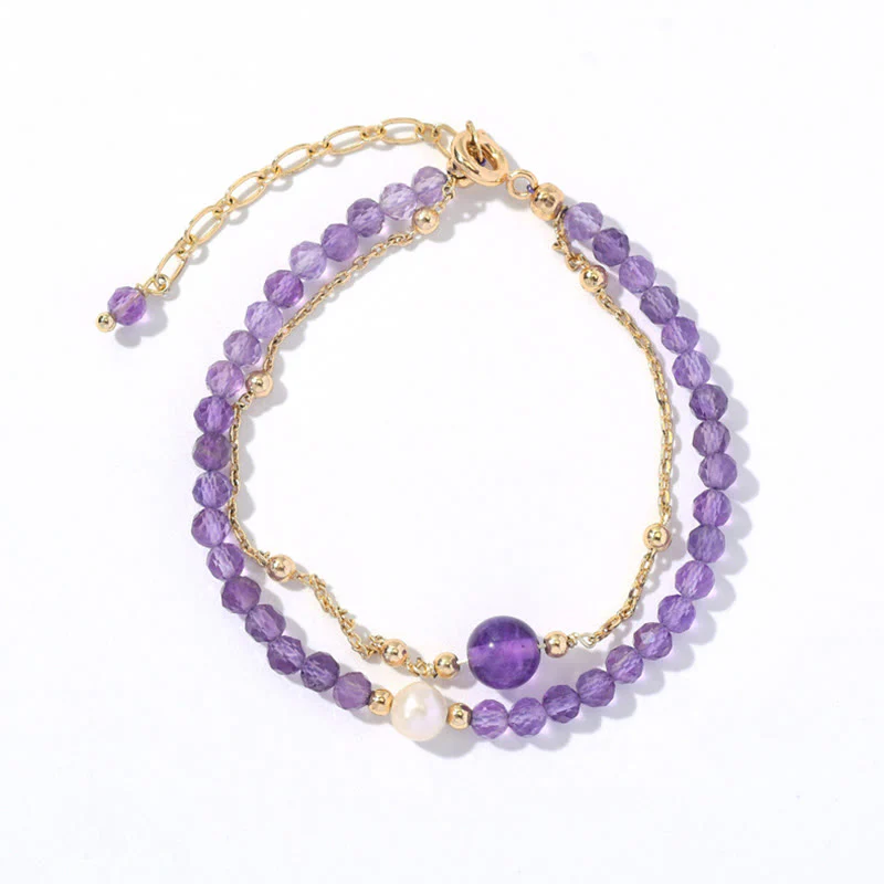 Bracciale a catena a doppio strato con cristalli di ametista placcati in oro 14K Buddha Stones - Image 8
