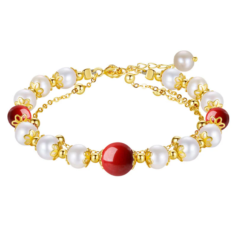 Bracciale a catena a doppio strato con perle di cinabro e argento sterling 925 Buddha Stones - Image 10