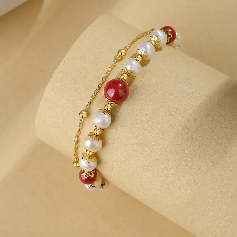 Bracciale a catena a doppio strato con perle di cinabro e argento sterling 925 Buddha Stones - Image 2