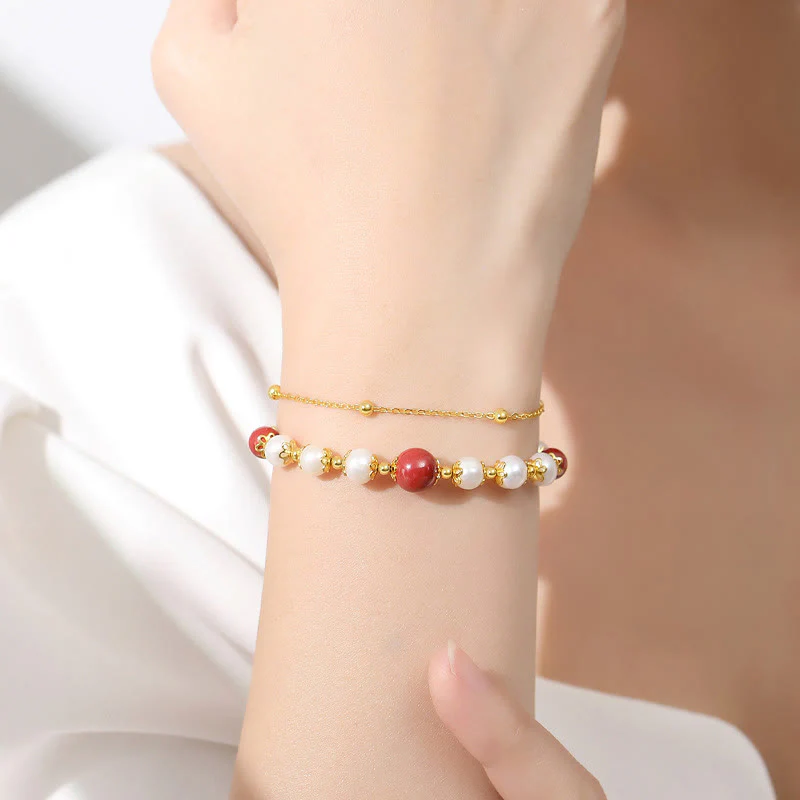Bracciale a catena a doppio strato con perle di cinabro e argento sterling 925 Buddha Stones - Image 3