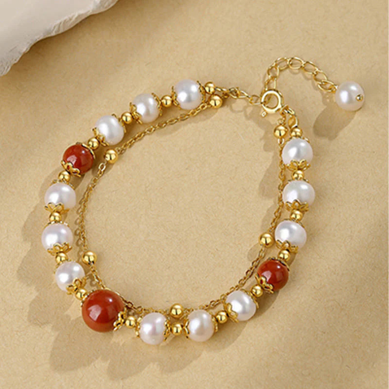 Bracciale a catena a doppio strato con perle di cinabro e argento sterling 925 Buddha Stones - Image 6