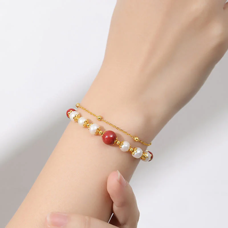 Bracciale a catena a doppio strato con perle di cinabro e argento sterling 925 Buddha Stones - Image 7