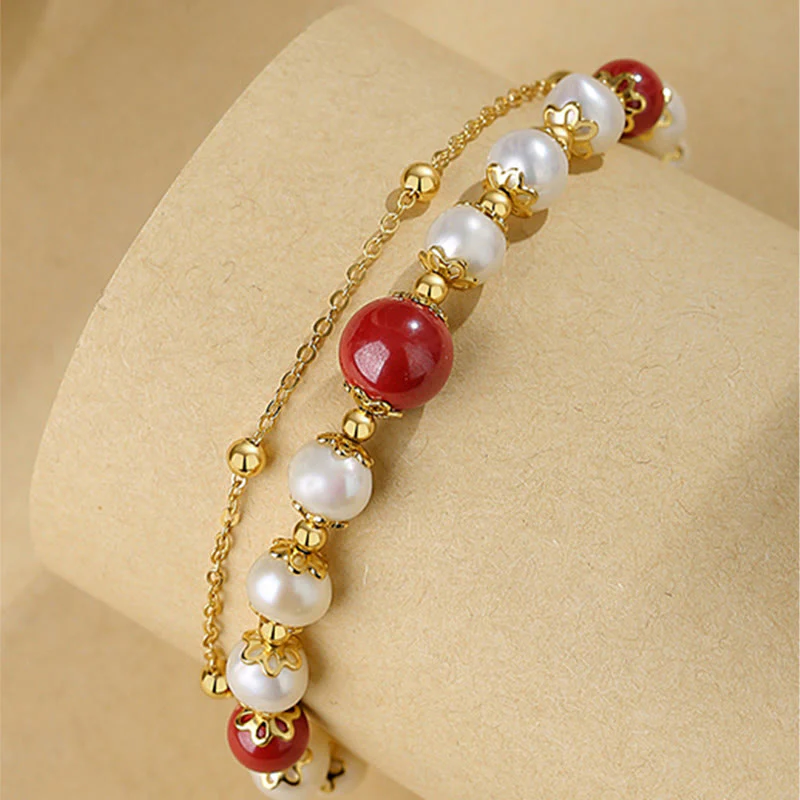 Bracciale a catena a doppio strato con perle di cinabro e argento sterling 925 Buddha Stones - Image 8
