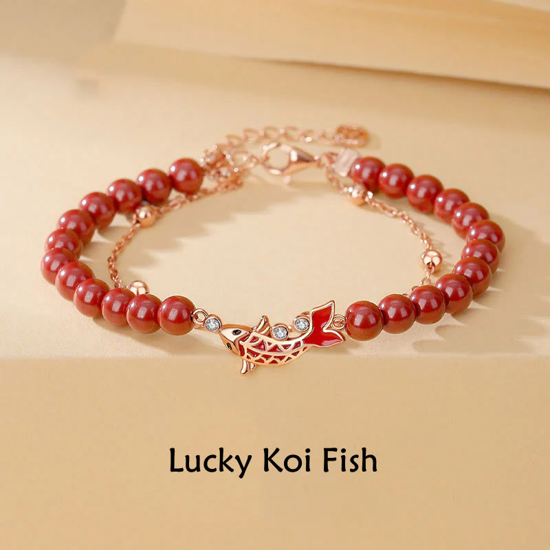 Bracciale a catena a doppio strato con zirconi e cinabro, in argento sterling 925, con pesce koi portafortuna, Buddha Stones