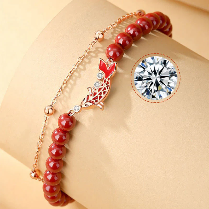 Bracciale a catena a doppio strato con zirconi e cinabro, in argento sterling 925, con pesce koi portafortuna, Buddha Stones - Image 10