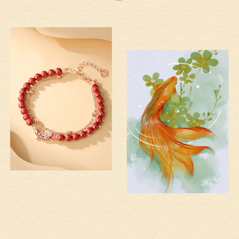 Bracciale a catena a doppio strato con zirconi e cinabro, in argento sterling 925, con pesce koi portafortuna, Buddha Stones - Image 11