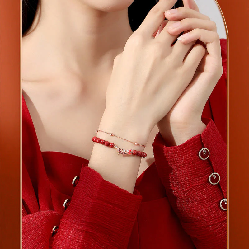Bracciale a catena a doppio strato con zirconi e cinabro, in argento sterling 925, con pesce koi portafortuna, Buddha Stones - Image 12
