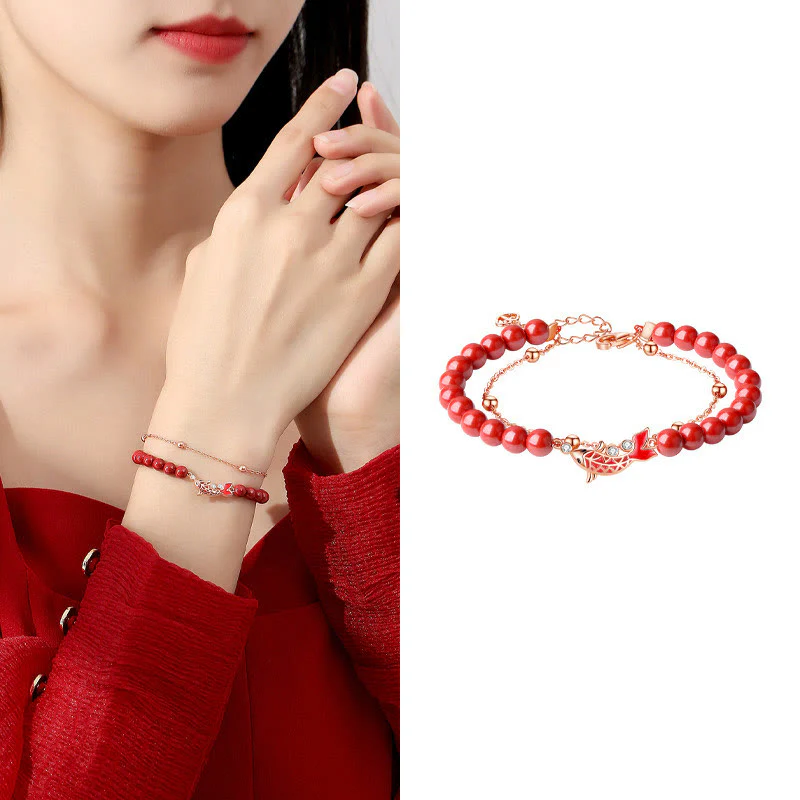 Bracciale a catena a doppio strato con zirconi e cinabro, in argento sterling 925, con pesce koi portafortuna, Buddha Stones - Image 13
