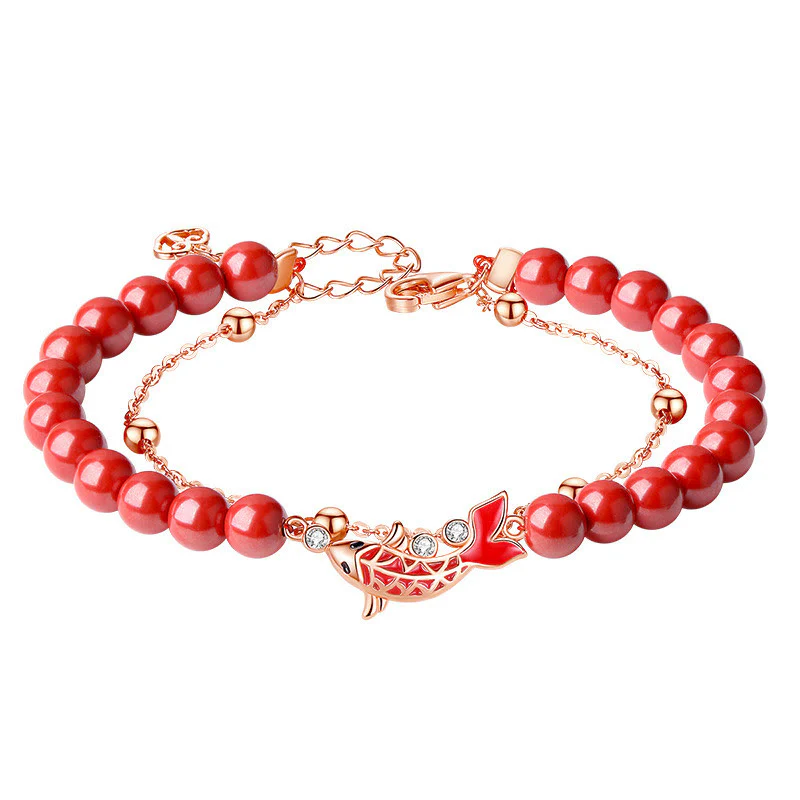 Bracciale a catena a doppio strato con zirconi e cinabro, in argento sterling 925, con pesce koi portafortuna, Buddha Stones - Image 14