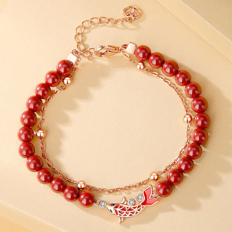 Bracciale a catena a doppio strato con zirconi e cinabro, in argento sterling 925, con pesce koi portafortuna, Buddha Stones - Image 2