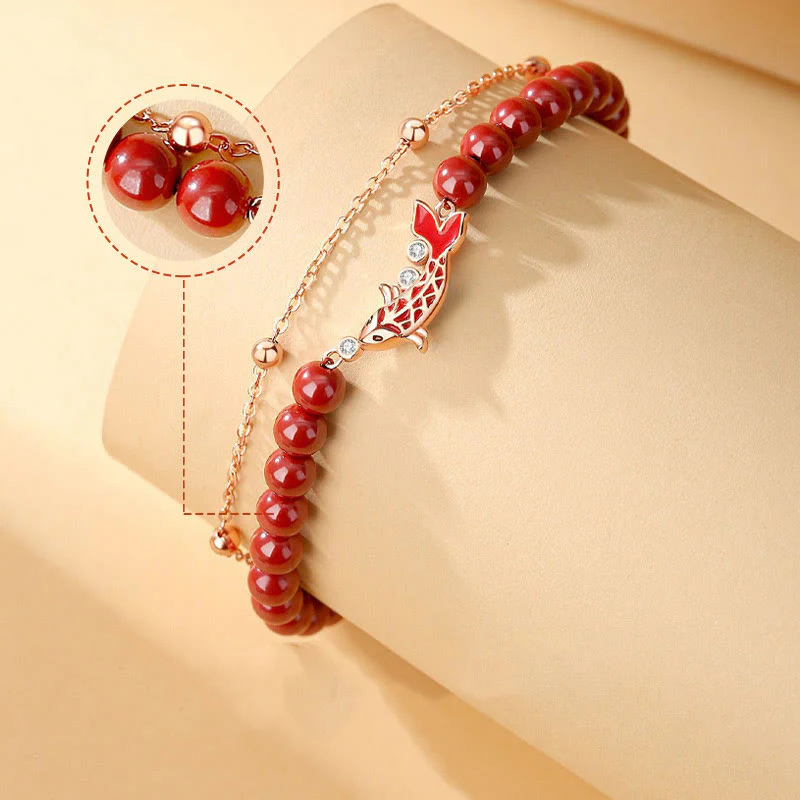 Bracciale a catena a doppio strato con zirconi e cinabro, in argento sterling 925, con pesce koi portafortuna, Buddha Stones - Image 3