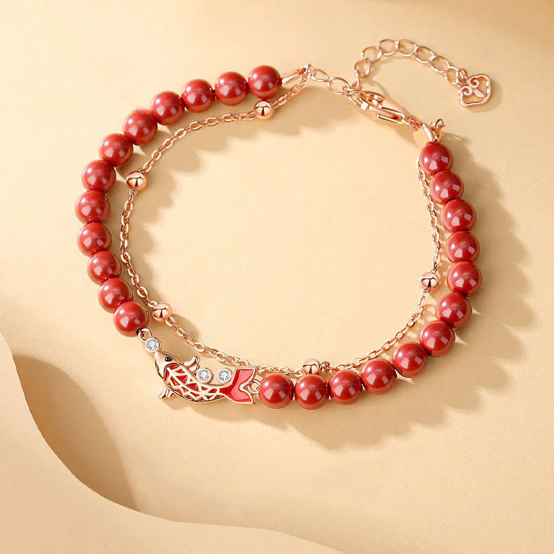 Bracciale a catena a doppio strato con zirconi e cinabro, in argento sterling 925, con pesce koi portafortuna, Buddha Stones - Image 4