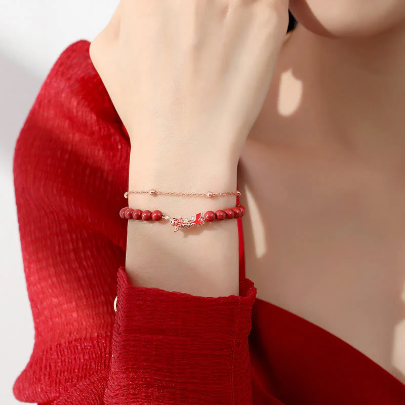 Bracciale a catena a doppio strato con zirconi e cinabro, in argento sterling 925, con pesce koi portafortuna, Buddha Stones - Image 5