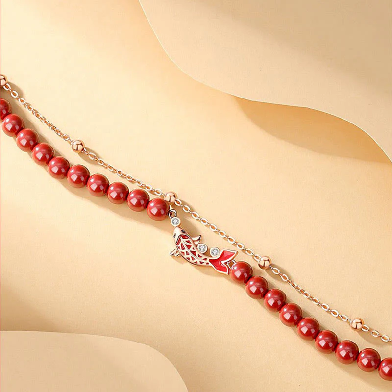 Bracciale a catena a doppio strato con zirconi e cinabro, in argento sterling 925, con pesce koi portafortuna, Buddha Stones - Image 6