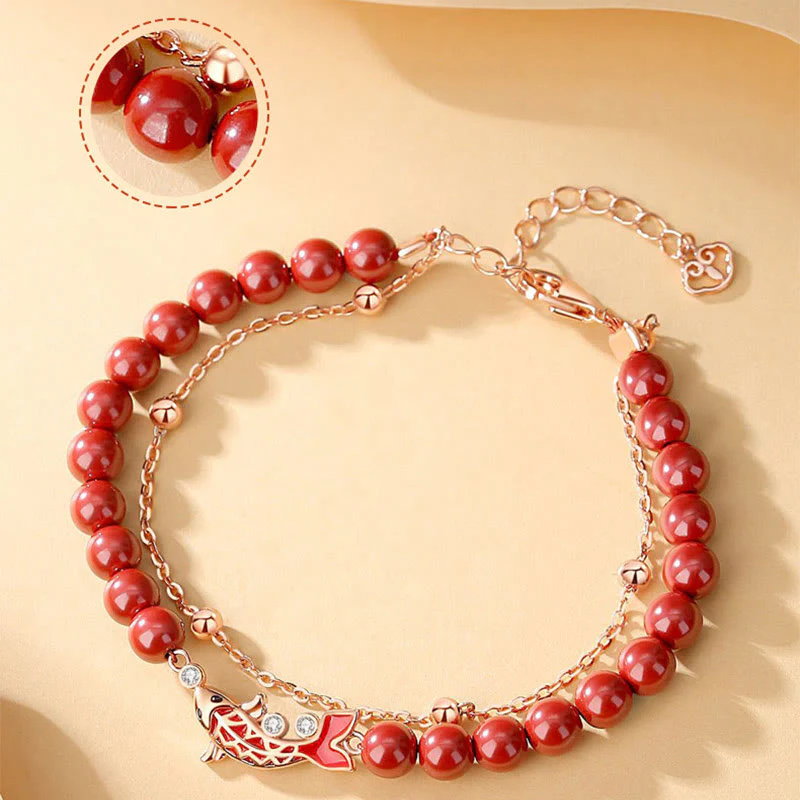 Bracciale a catena a doppio strato con zirconi e cinabro, in argento sterling 925, con pesce koi portafortuna, Buddha Stones - Image 9