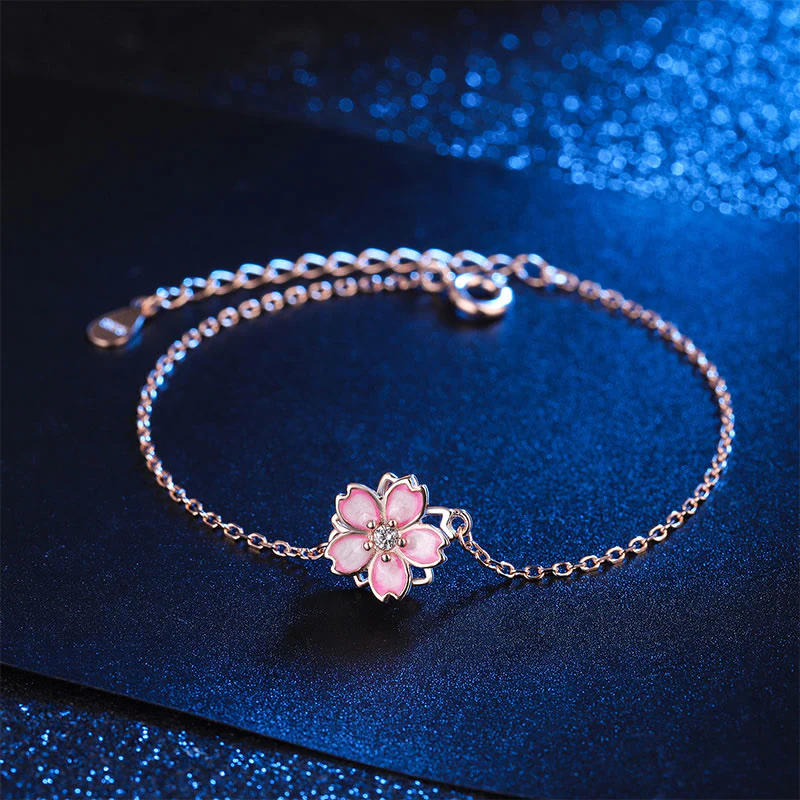 Bracciale a catena con benedizione in fiore di ciliegio in argento sterling 925 Buddha Stones, anello girevole