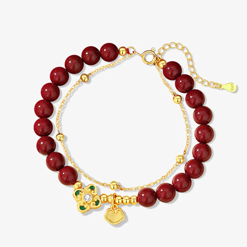 Bracciale a catena con fiore a quadrifoglio e cinabro naturale in argento sterling 925 con Buddha Stones - Image 11