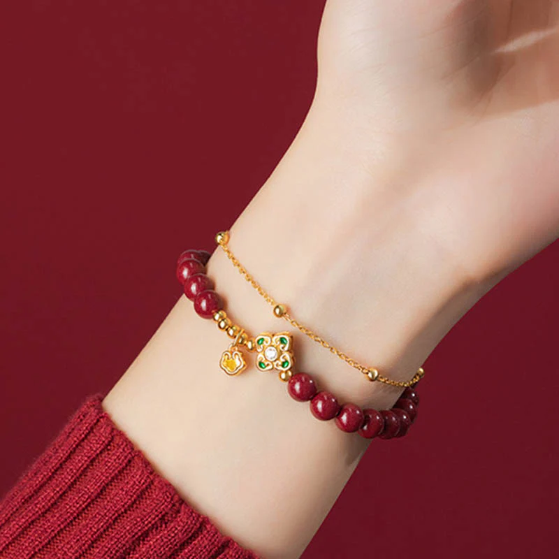Bracciale a catena con fiore a quadrifoglio e cinabro naturale in argento sterling 925 con Buddha Stones - Image 6