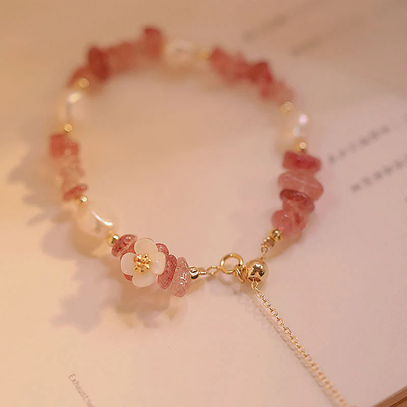 Bracciale a catena curativa con quarzo fragola irregolare naturale e perla bianca Buddha Stones - Image 5