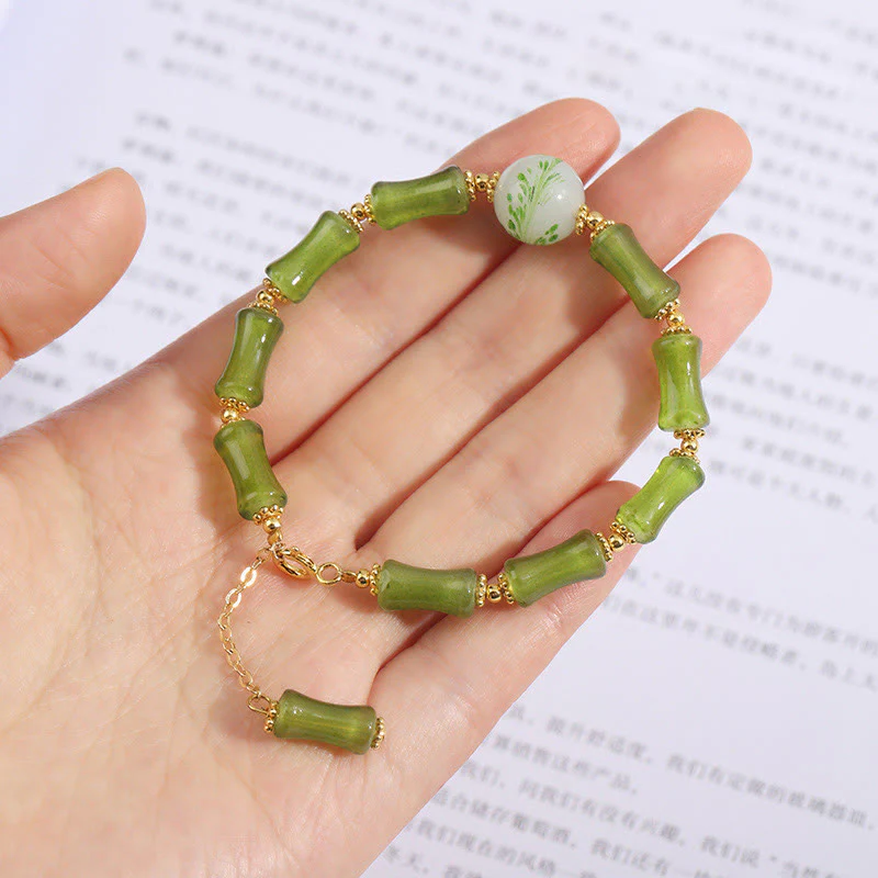 Bracciale a catena della ricchezza in agata muschiata con motivo in bambù verde Buddha Stones Liuli - Image 5