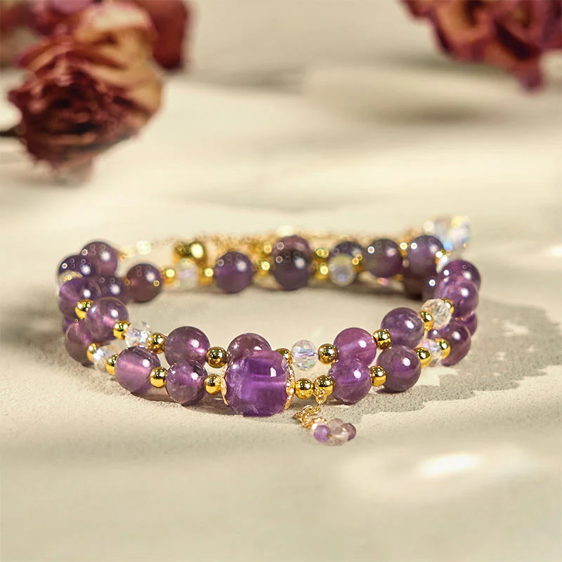Bracciale a doppio giro per meditazione e guarigione con perline quadrate di ametista naturale Buddha Stones - Image 2